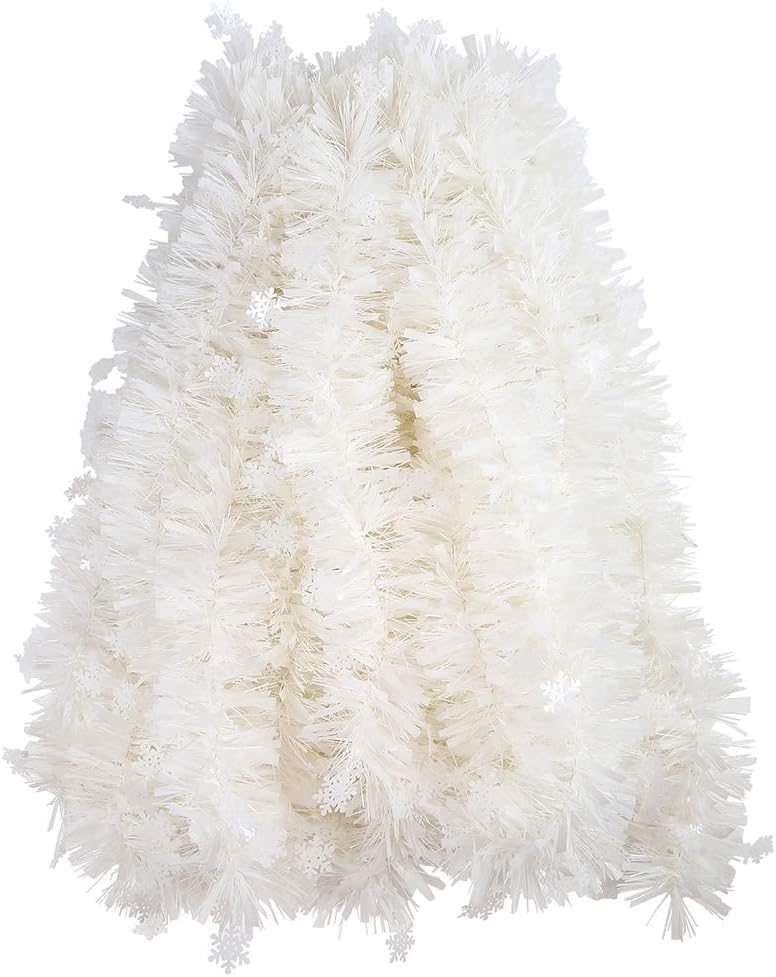 CCINEE 33FT Christmas Tinsel Garland, White Metallic Twist Garland with Snowflakes for Home Decoration