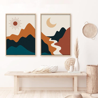 Bankrenart Boho Wall Art, Mid Century Abstract Sun and Moon River Landscape, Unframed Canvas Print for Living Room