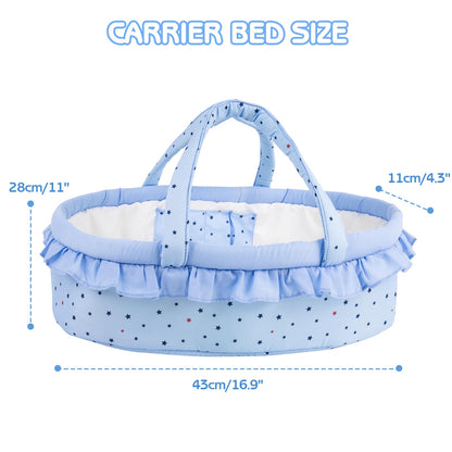Aori 7 Pcs Reborn Baby Dolls Outfit Set with Bassinet Accessories for 16-18 Inch Newborn Doll, Blue Carrier Bed and Baby Clothes fit Newborn Doll