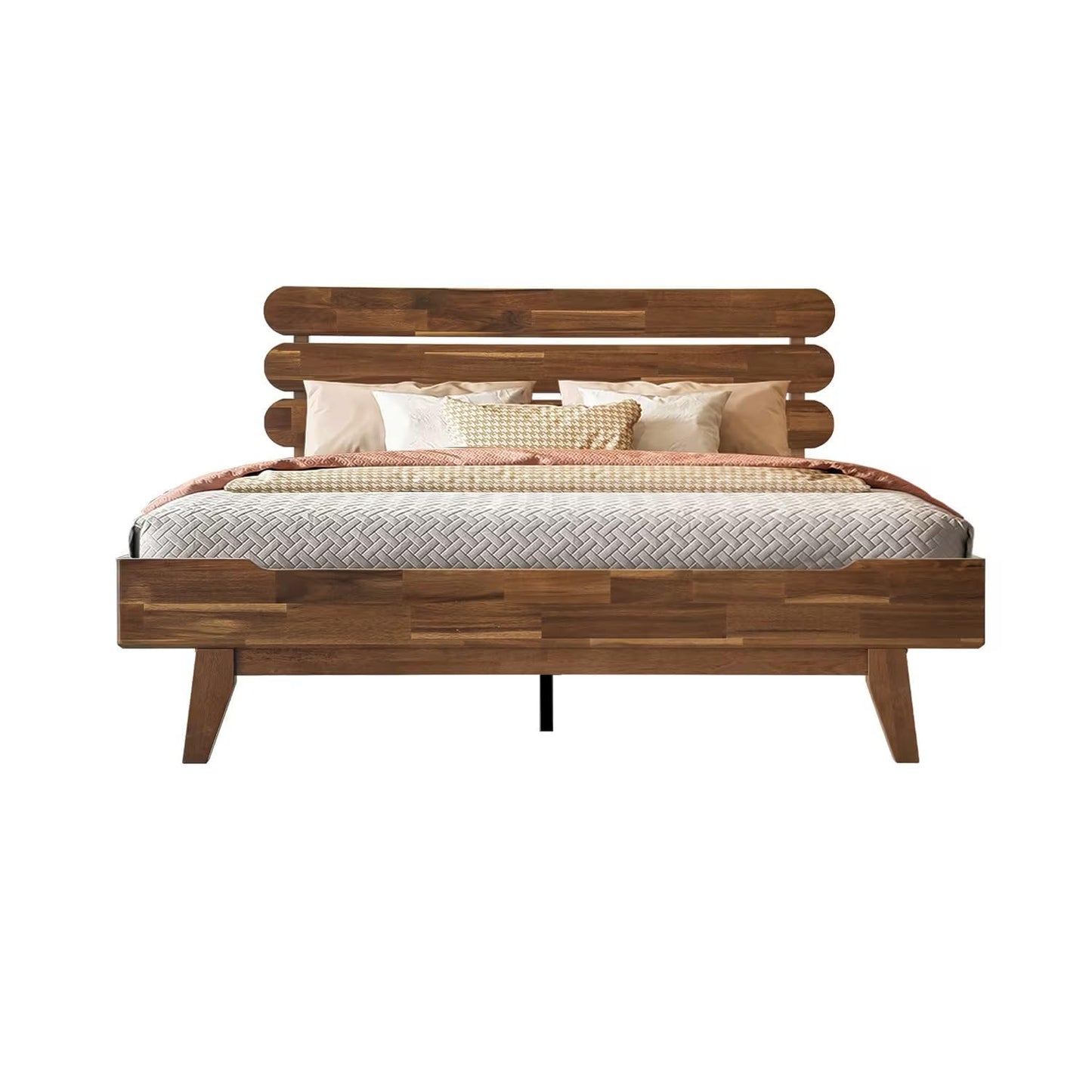 Full Size Solid Wood Platform Bed Frame, Headboard & Footboard, 12 Heavy-Duty Slatted Base, Center Metal Legs, Easy Assembly, No Box Spring Needed, Anti-Slip & Noise-Free, Walnut Finish OZF-37
