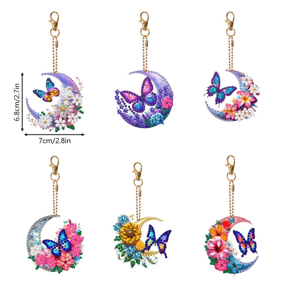 C'eitura 6Pcs Moon & Butterfly Diamond Painting Keychains, Double-Sided Crystal Rhinestone Charms, Mystical Celestial Gifts for Women, Birthday Party Favors