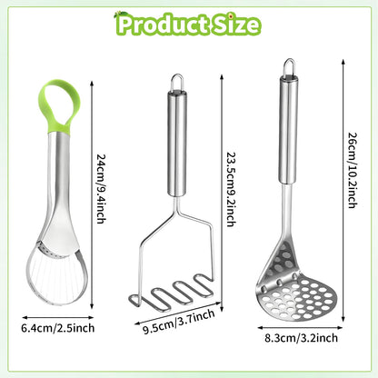 3-in-1 Avocado Slicer Tool,Stainless Steel Avocado Cutter with 2pcs Potato Masher- Multi-Function Avocado Tool for Slicing,Scooping Pit Removal Kitchen Too
