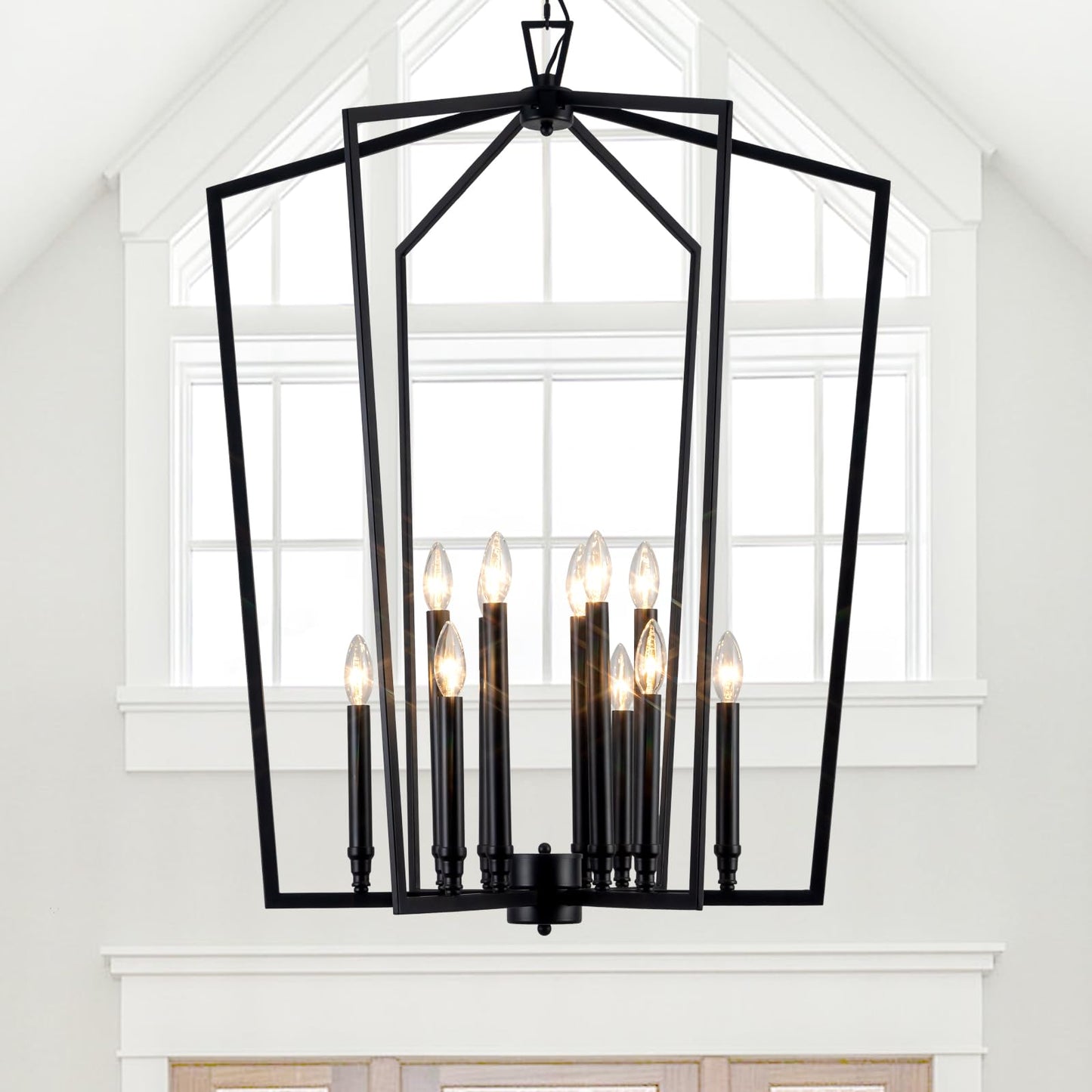 Vezzio 12-Light Large Black Chandelier, D30 Inch Modern Industrial Farmhouse Lantern Pendant Light for High Ceiling Entryway, Foyer, Dining Room，Kitchen Island，Hallway，Staircase