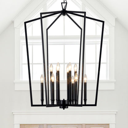 Vezzio 12-Light Large Black Chandelier, D30 Inch Modern Industrial Farmhouse Lantern Pendant Light for High Ceiling Entryway, Foyer, Dining Room，Kitchen Island，Hallway，Staircase