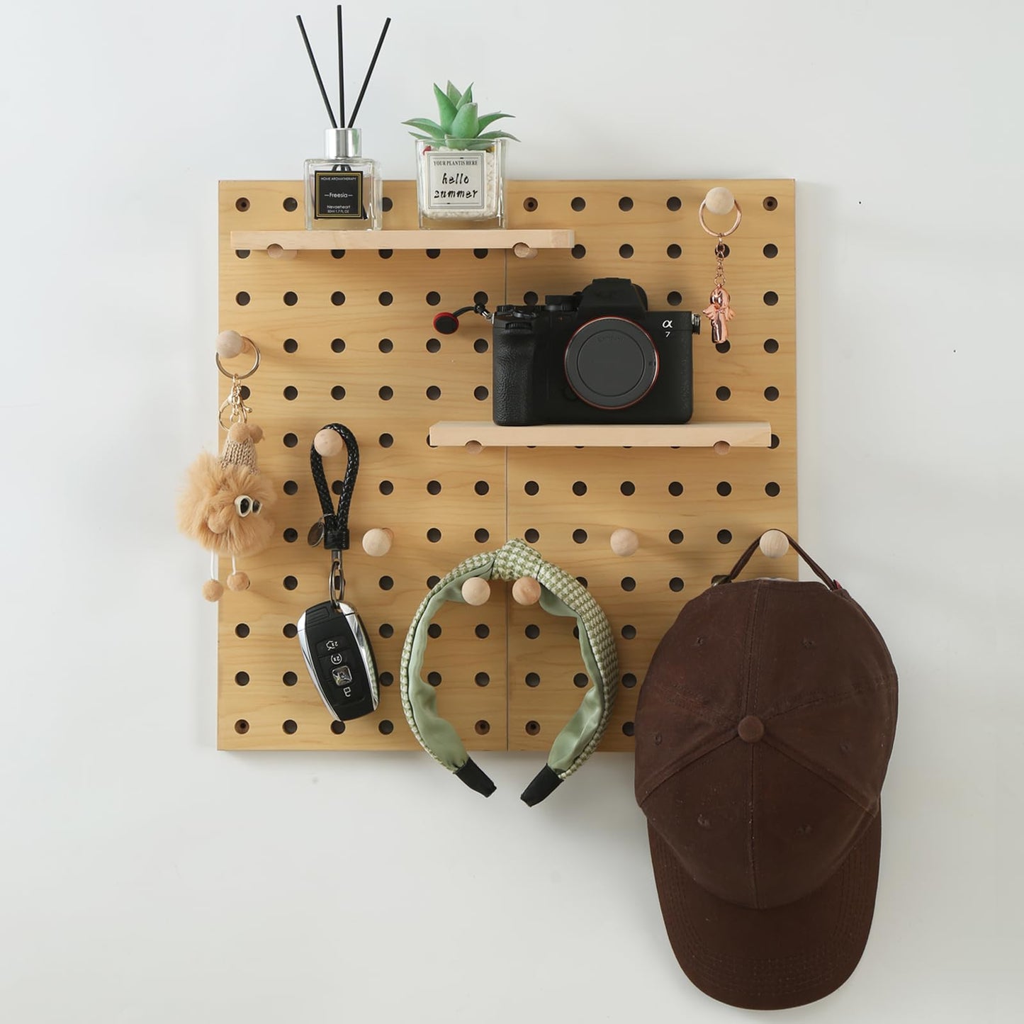 UMICAL 2 Pack Beige Wooden Pegboard, Modular Wall Organizer Storage Shelf with Hooks, Multi‑Use Display Peg Board for Home Office Bathroom Laundry Room