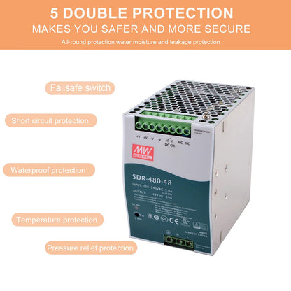 MedInnov SDR-480-48 480W 48V 10A High Power Industrial Power Supply - Robust and Reliable for Demanding Electromechanical Equipment Applications, DIN Rail Mount