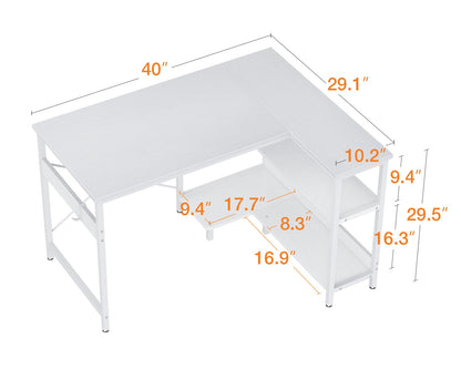 ODK 40 Inch Small L Shaped Computer Desk, Corner Desk with Reversible Storage Shelves, Modern Simple Writing Study Table with Iron Hook, White