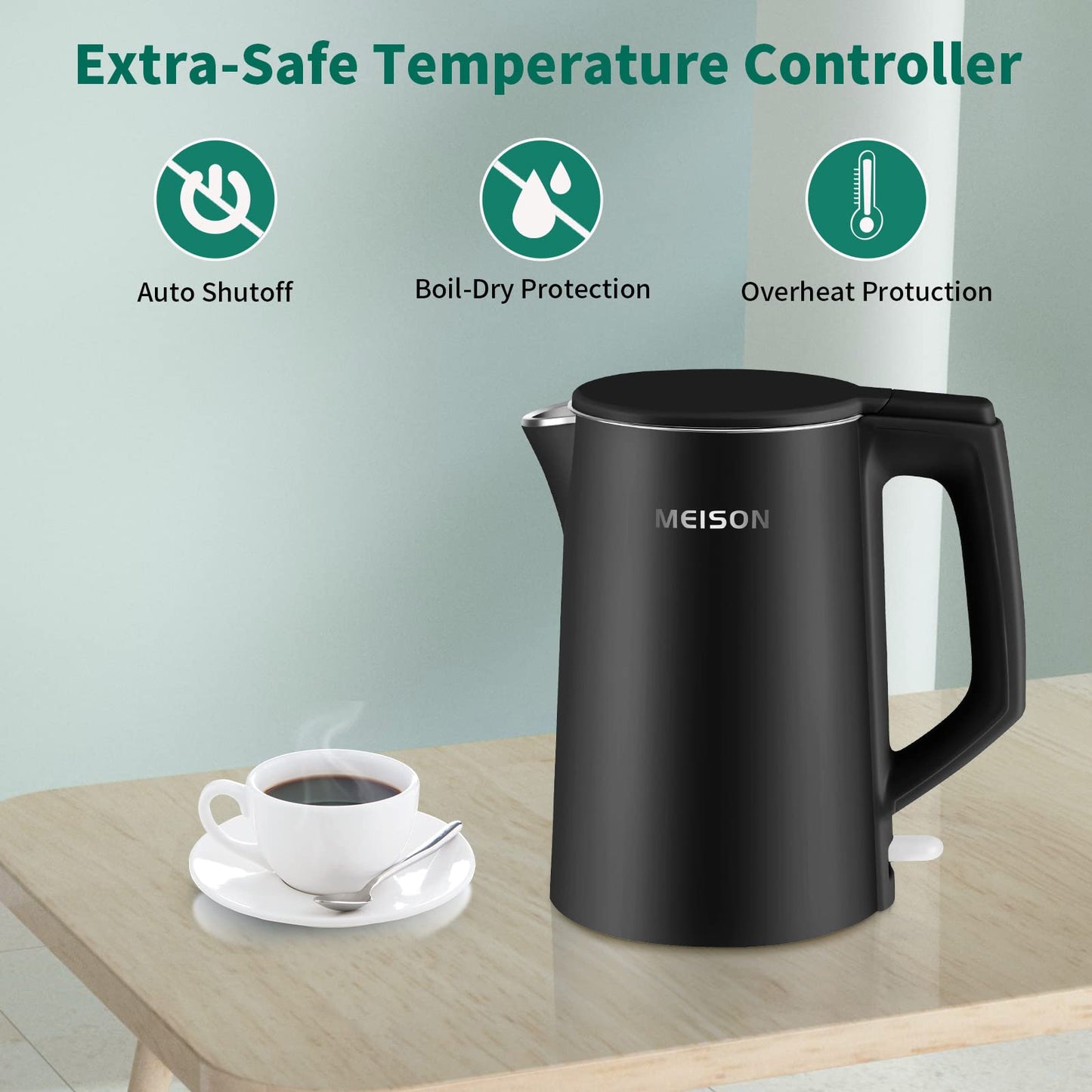 MEISON Electric Kettle, 1.7 L Double Wall Food Grade Stainless Steel Interior Water Boiler, Coffee Pot & Tea Kettle, Auto Shut-Off and Boil-Dry Protection, 1200W, 2 Year Warranty(Black)