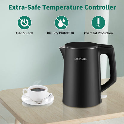 MEISON Electric Kettle, 1.7 L Double Wall Food Grade Stainless Steel Interior Water Boiler, Coffee Pot & Tea Kettle, Auto Shut-Off and Boil-Dry Protection, 1200W, 2 Year Warranty(Black)