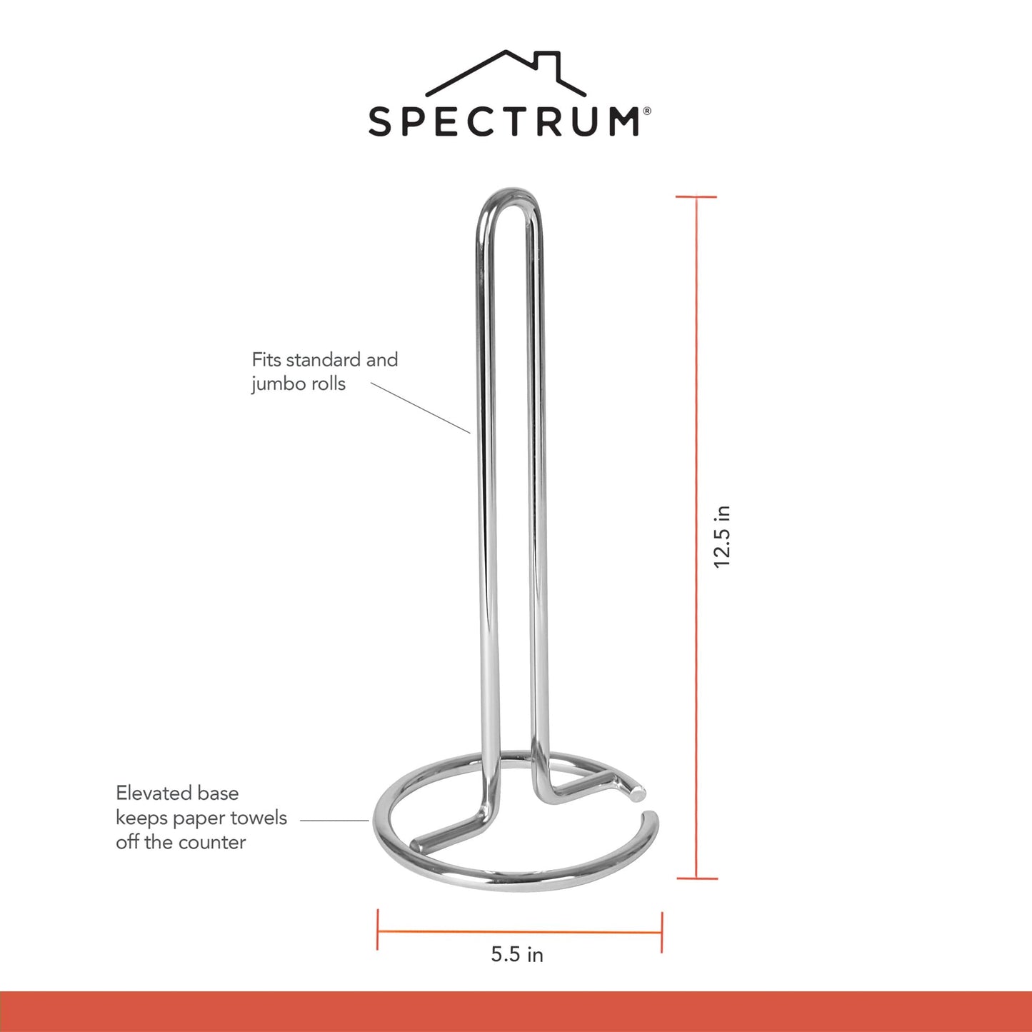 Spectrum Chrome Paper Towel Holder Countertop Kitchen Organizer, Easy Tear Modern Freestanding Kitchen Hand Towel Roll Stands Vertical for Standard and Large Paper Towel Rolls with Durable Steel Base