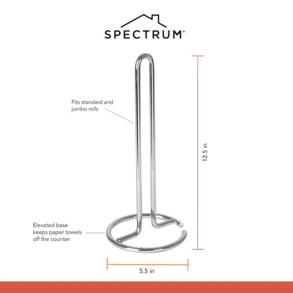 Spectrum Chrome Paper Towel Holder Countertop Kitchen Organizer, Easy Tear Modern Freestanding Kitchen Hand Towel Roll Stands Vertical for Standard and Large Paper Towel Rolls with Durable Steel Base