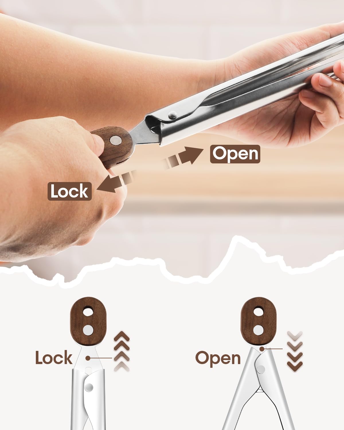 Bakpoco 10 & 13 Inch Wooden Tongs for Cooking, Kitchen Stainless Steel Salad Tongs with Walnut Wood Tip, Serving Food Toaster Bread Non Toxic Grill Tong, Smooth Locking & Hanging Cooking Utensils Set