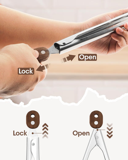 Bakpoco 10 & 13 Inch Wooden Tongs for Cooking, Kitchen Stainless Steel Salad Tongs with Walnut Wood Tip, Serving Food Toaster Bread Non Toxic Grill Tong, Smooth Locking & Hanging Cooking Utensils Set