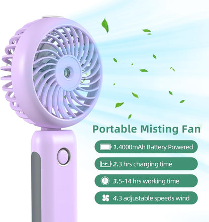 CIVPOWER Portable Misting Fan, Hand Held, 90° Adjustable, 4000mAh USB Rechargeable, 3 Speeds, Purple