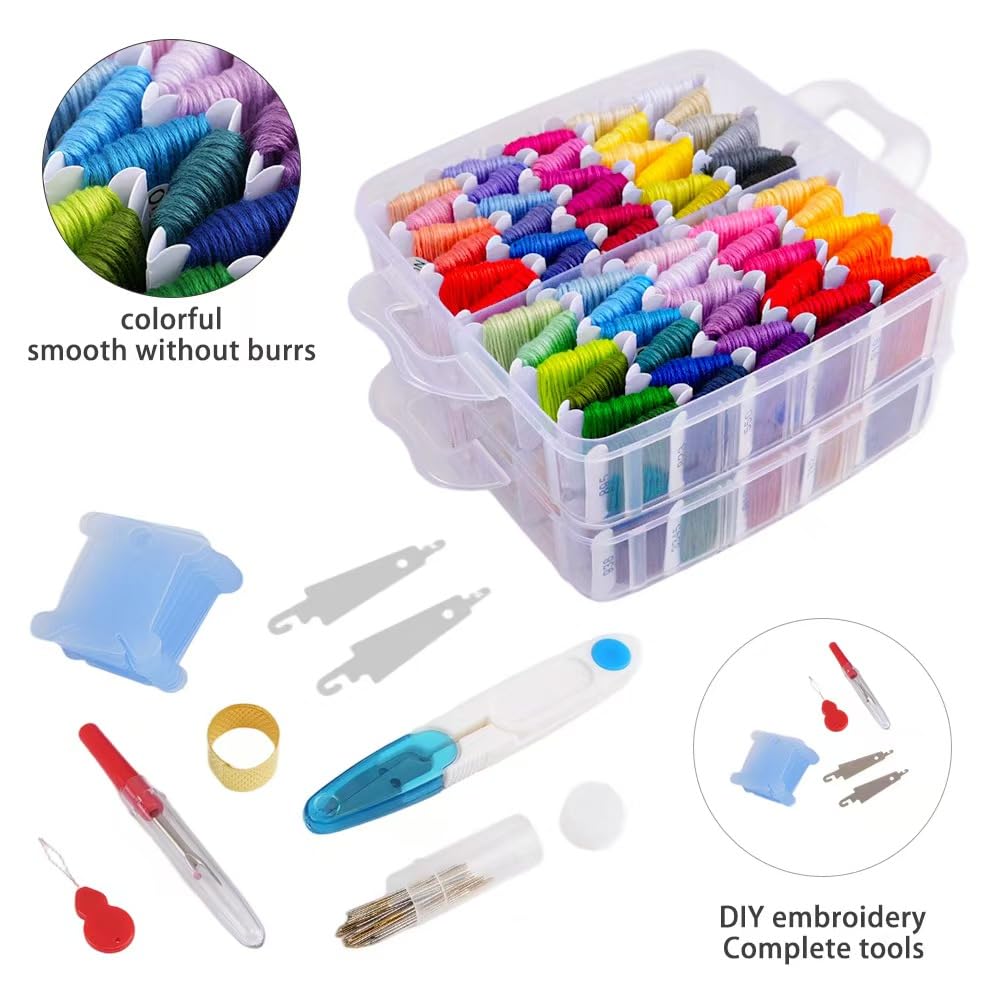 Fabpop 190 Pack Embroidery Floss Thread Kit Including 150 Colors Cross Stitch Sewing Thread with 40 Pcs Embroidery Accessories and 3-Tier Transparent Embroidery Thread Storage Organizer Box