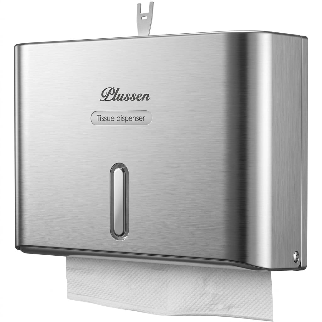 PLUSSEN Paper Towel Dispenser Wall Mount, Adhesive No Drilling Multifold Trifold C Fold Commercial Hand Towel Dispenser,Silver