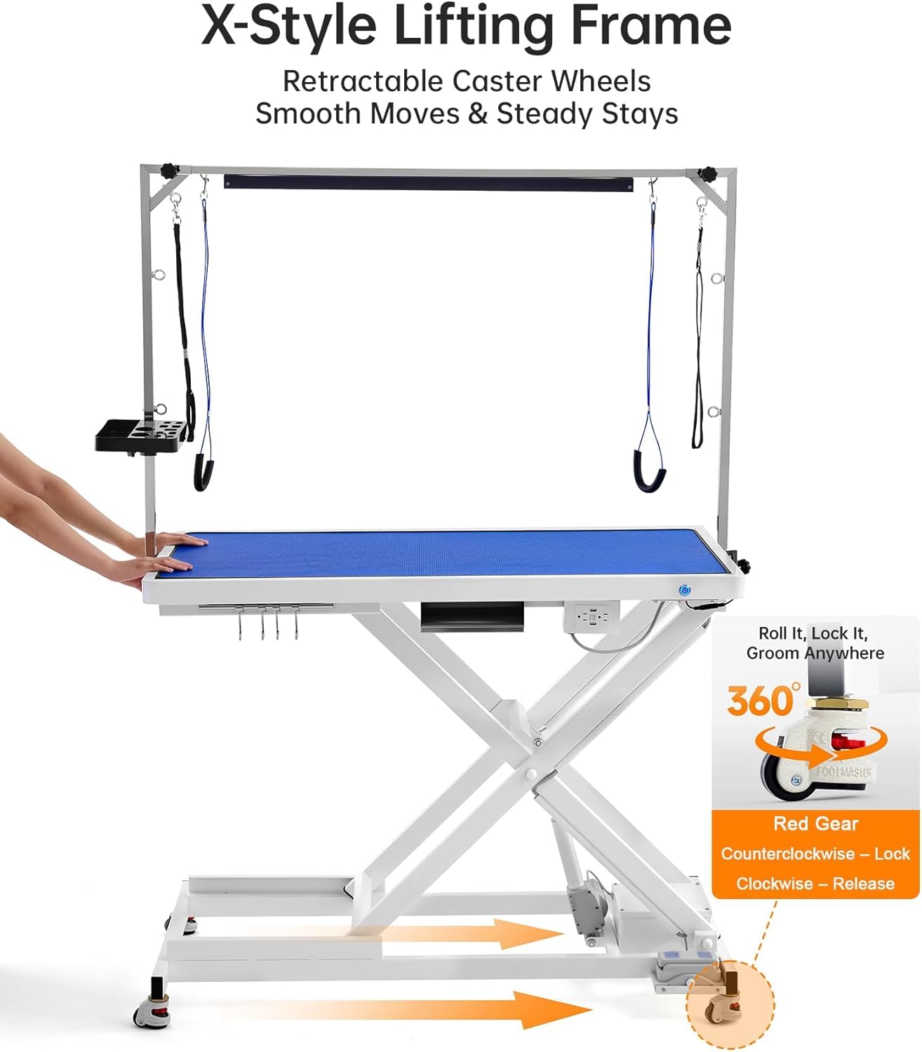 POLIMO LED Professional Electric Dog Grooming Table - 50" Heavy Duty Dog Grooming Station with LED, Button & Foot Control, Grooming Arm, Leveling Wheels, Anti-Slip Top & Tool Organizer (50", White)