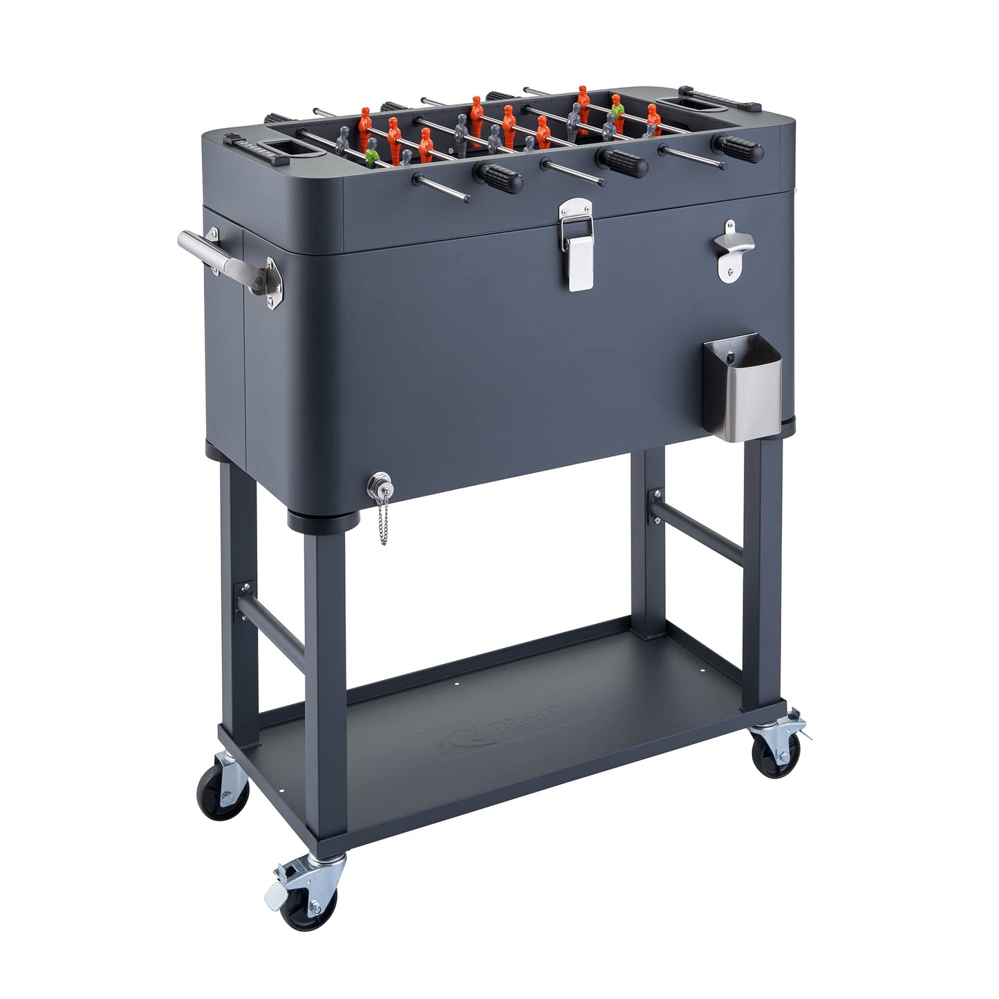 TRINITY 80 Quart Beverage Cooler and Ice Chest with Foosball Table Top and Bottle Opener, Rolling Cart and Storage Shelf, Detachable Tub, 96 Can Capacity, Includes Protective Cover, Charcoal Gray