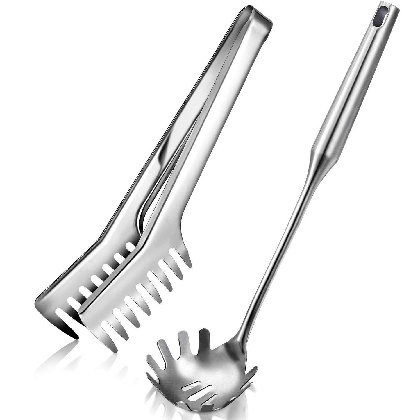 Patelai Stainless Steel Spaghetti Spoon and Pasta Tongs Set, Long Handle Noodle Server Tools with Drain Holes, Non-slip Grip for Cooking, Serving Pasta and Noodles(Sliver)