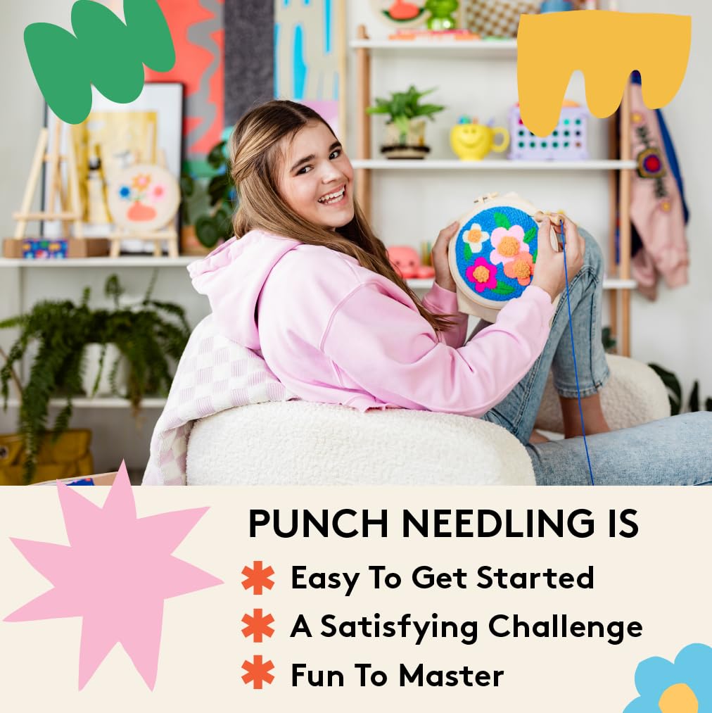 SPINNY Punch Needle Kit, Two Large Floral Designs w/ 2 Embroidery Hoops, Includes Beginner Video Tutorials and Instructions, Beginner Punch Stitch for Adults, Complete Kit for Crafters