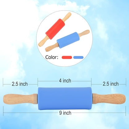 Mini Silicone Rolling Pin for Kids, Non-stick Wood Handle, 9 Inch, 2 Pack