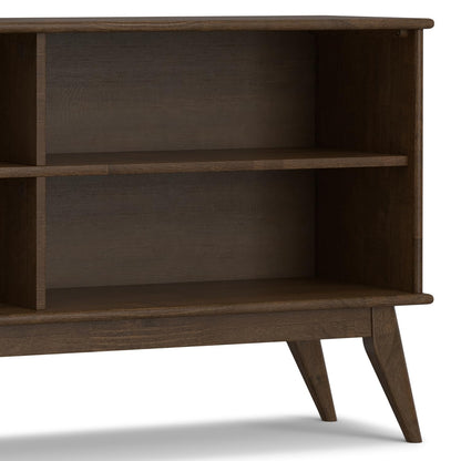 SIMPLIHOME Draper Bookcase - 30 inch Tall Solid Wood Low Bookshelf in Walnut Brown, Mid-Century Modern Storage for Living Room, Study Room or Office with Tapered Legs and Wide Open Shelves