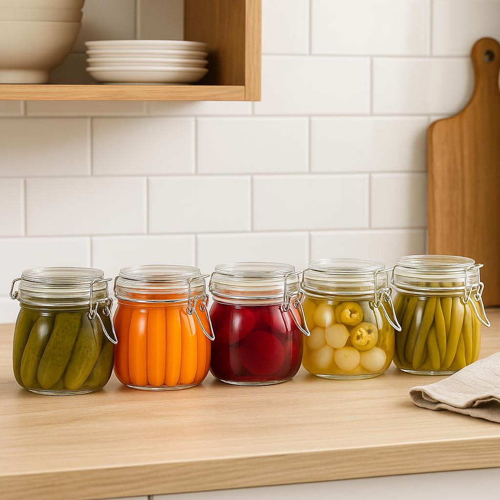 17oz Airtight Glass Jars, 6 Pack Clamp Lid Canisters, Small Food Storage Containers for Spices, Nuts, Snacks, Canning Jar for Jams & Pickling, Pantry Organization