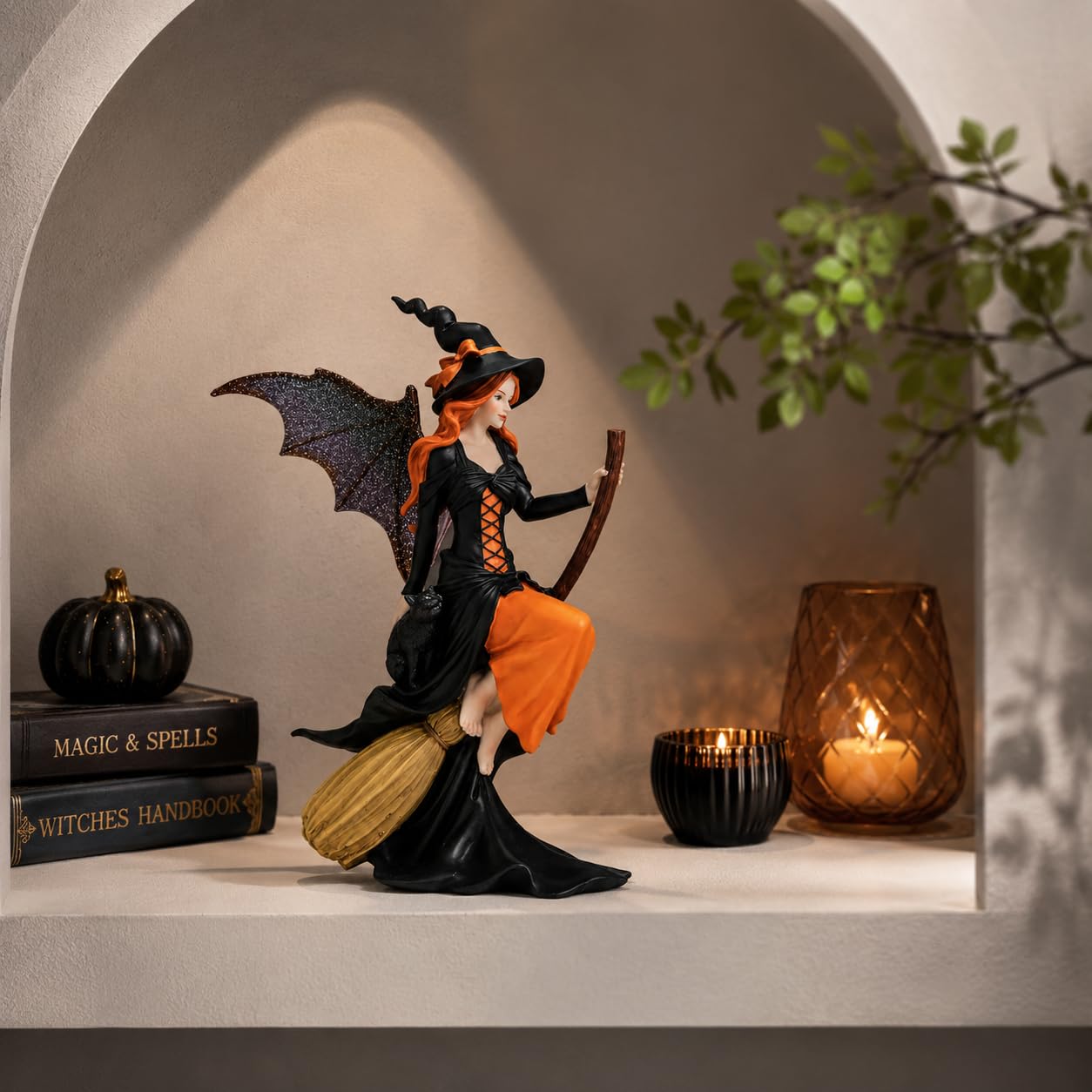 Comfy Hour 8" Gothic Fairy Witch Figurine on Broom, Fantasy Sorceress Statue with Mystical Wings, Spooky Halloween Indoor Decor Accent, Polyresin Artisan Crafted Sculpture, 1 Unit