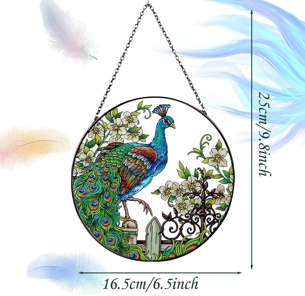 Peacock Stained Glass Suncatcher: Hand-Painted Window Wall Hanging Decor Ornament 6.5''*6.5'' for Home Garden Gift