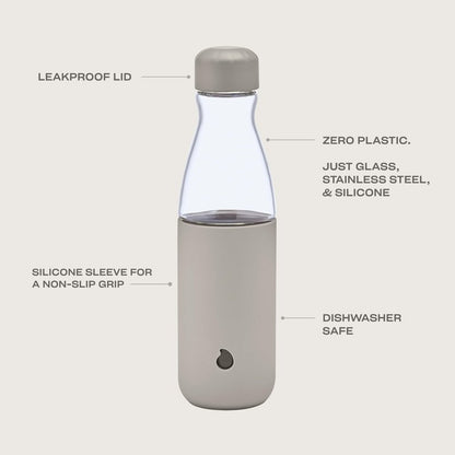 S'well Glass Original Water Bottle, 18oz, Lunar Grey, Borosilicate Glass Bottle With Protective Silicone Sleeve, Zero Plastic, Leakproof, BPA Free