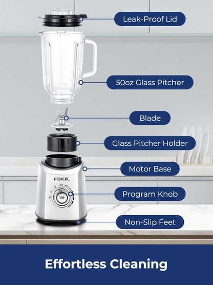 FOHERE Professional Blender Peak 1300W, Countertop Blender with 3 Presets＆ 5 Speeds for Smoothies, Shakes, and Frozen Drinks, 50 Oz Glass Jar ＆20 Oz Tritan Jug