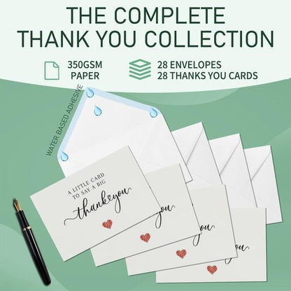 28 Pack 350GSM Thank You Cards with Envelopes, Glitter Heart Premium Greeting Cards, Pefect for Weddings, Baby Showers, Teacher Appreciation, Graduation, Small Business Gifts, Holiday & Christmas Thank You Notes