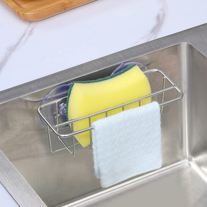 TESOT Sink Caddy Sponge Holder for Kitchen Sink Dish Cloth Hanger 2 Suspension Options(Suction Cups and Adhesive Hook), SUS304 Stainless Steel, Silver