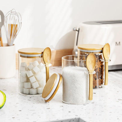 KOIKEY Coffee Sugar Container Salts Jars - 15oz Glass Airtight Caning with Bamboo Lids and Spoons Scoop, Storage Overnight Oats, Spice, Creamer, Food Organizer, Set of 3