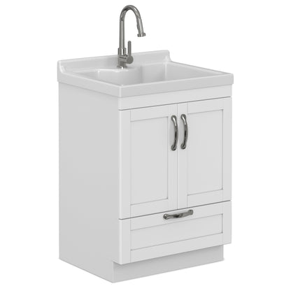 SIMPLIHOME Maile All-in-One 24 inch Wide Utility Sink and Laundry Cabinet in Pure White Finish, Transitional ABS Sink Cabinet for Laundry Rooms or Garage with High-Arch Chrome Faucet and Storage