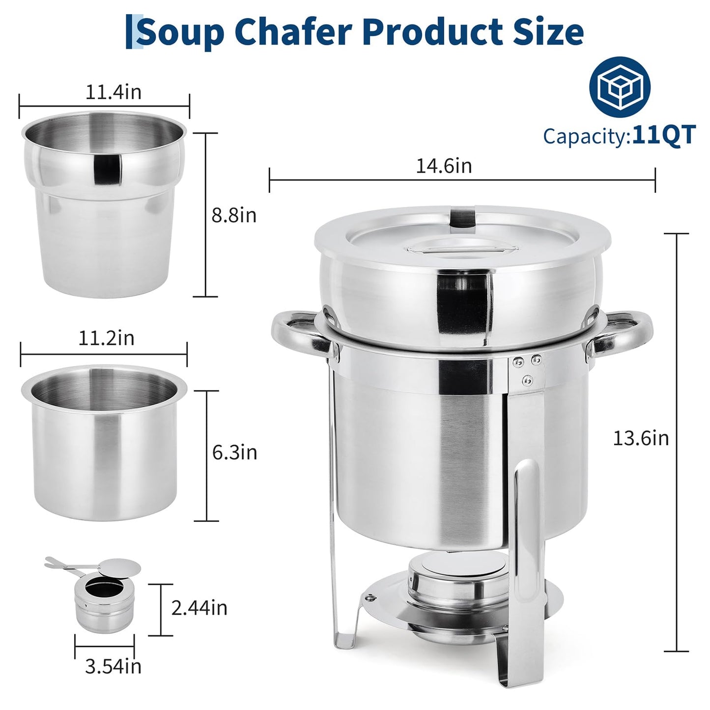 Commercial 11QT Soup Chafer Set, 2 Pack Stainless Steel Round Food Warmers Set with Pot, Notched Lids & Fuel Containers, Soup Warmers Ideal for Buffet Service & Event Catering