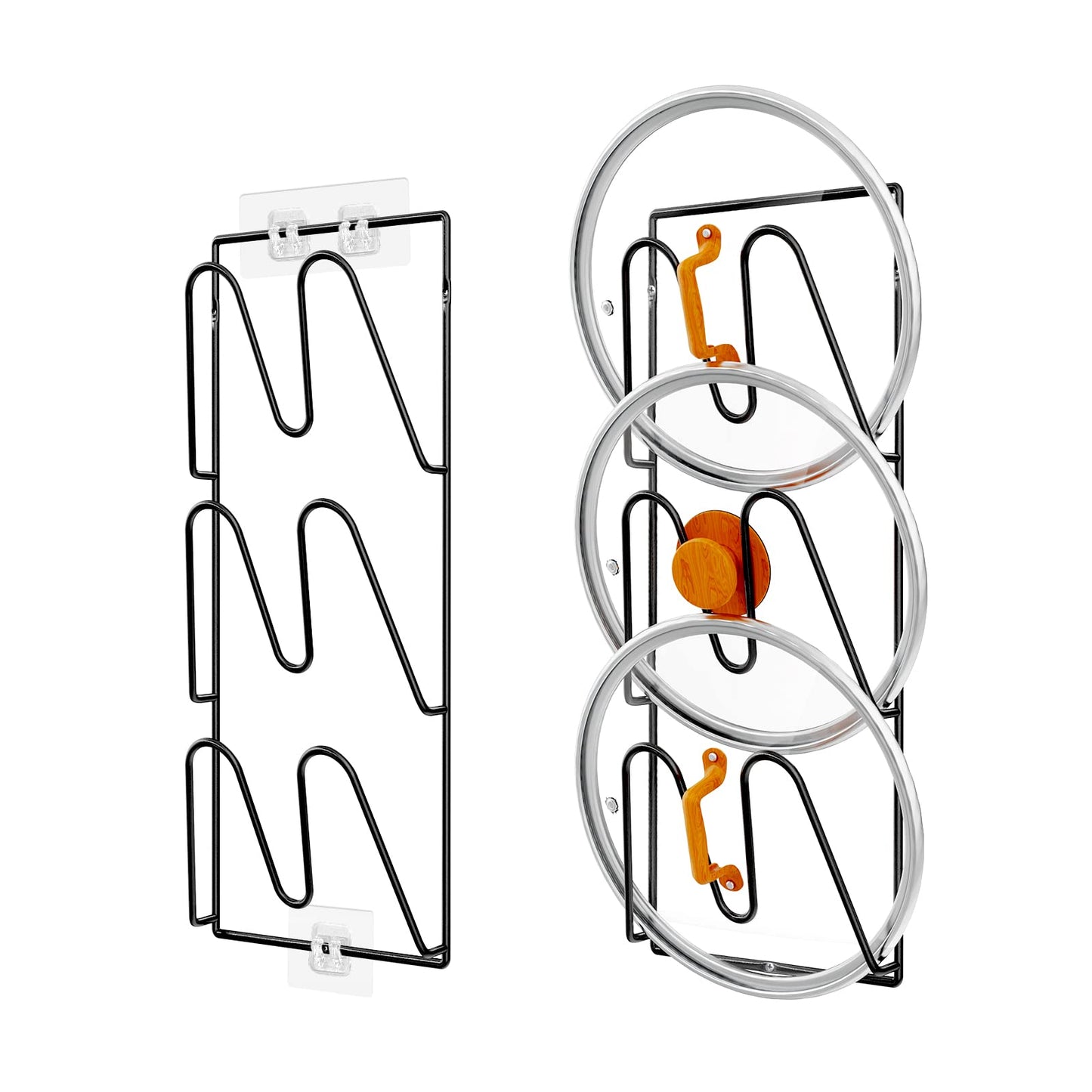 Durmmur 2 Pack Pot Lid Organizer Rack, 6-Tier Pot Lids Holder for Cabinet Door/Wall, No Drilling Adhesive Wall/Door Mounted Rustproof Pot and Pan Cover for Kitchen Storage, Classic Black
