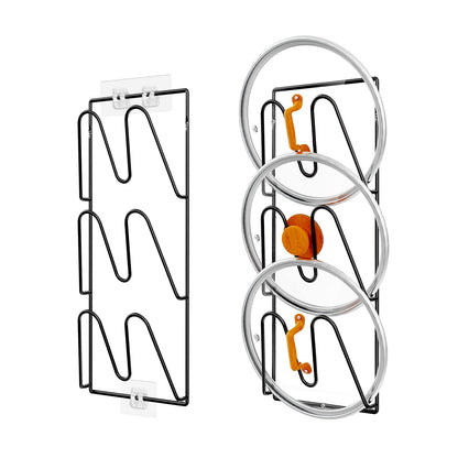 Durmmur 2 Pack Pot Lid Organizer Rack, 6-Tier Pot Lids Holder for Cabinet Door/Wall, No Drilling Adhesive Wall/Door Mounted Rustproof Pot and Pan Cover for Kitchen Storage, Classic Black
