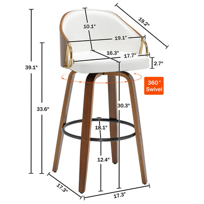 YOUUGIOR 30" Swivel Bar Height Bar Stools Set of 2,White Leather Tall Barstools Mid Century Modern Bar Chairs with Wood Legs and Golden Arms for Kitchen Dining Pub Cafe