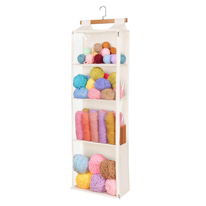 Univivi Hanging Yarn Storage Organizer with 4 Clear Compartments & Side Knitting Needles Pocket, Hanging Yarn Holder for Crochet Lovers (Beige)