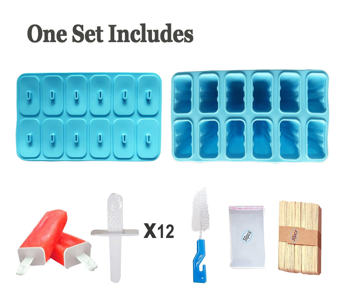 Silicone Popsicle Molds with Sticks Wpunwen 12 Cavity Ice Popsicle MoldsIce Cream Mold with Clean Brush 12 Reusable Sticks 50 Sticks 50 Bags Blue
