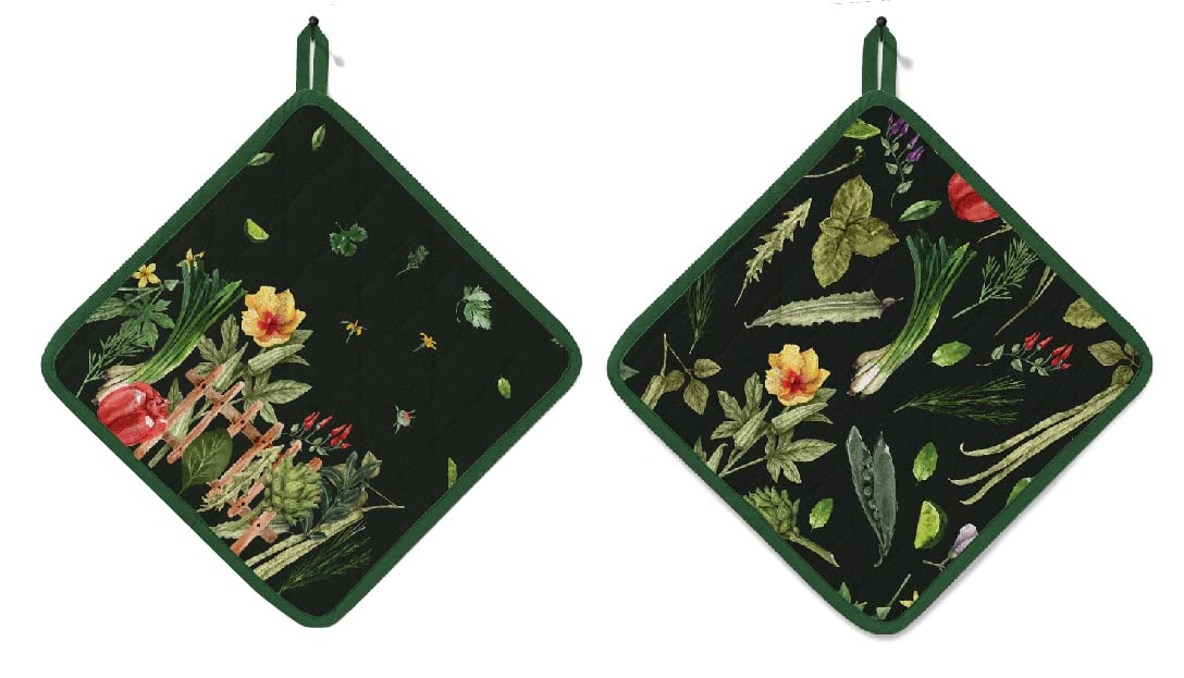 AMOUR INFINI Pot Holders Heat Resistant Cotton Set of 2 Nonslip 8"x8" Inch Hot Pads for Kitchen, BBQ, Baking & Cooking with Hanging Loops (My Garden)