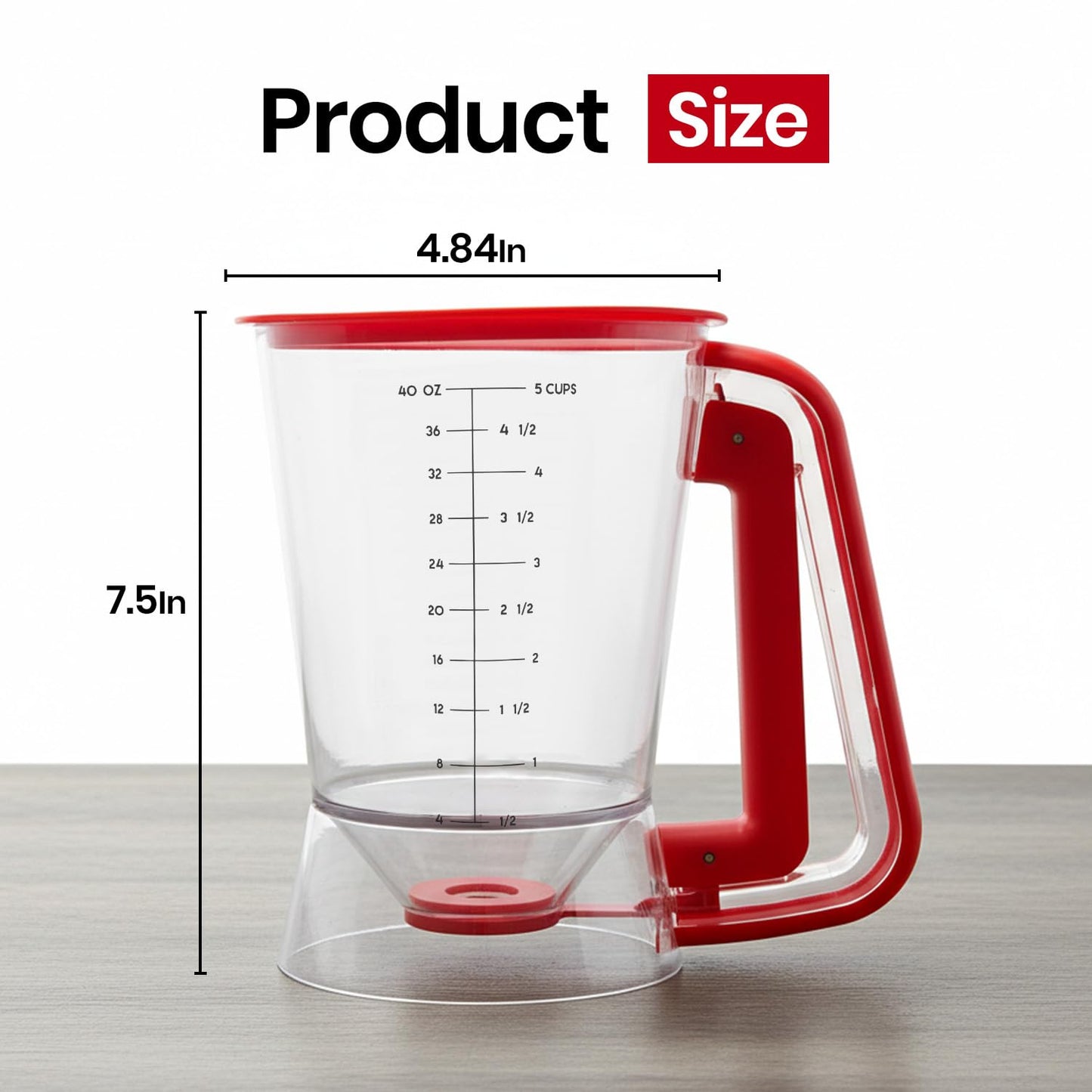 Eggssentials - Pancake dispenser, 5-Cup/1200ml Pancake Dispenser for Batter, Cupcake Batter Dispenser, Waffles & Crepes, Easy Squeeze Handle, Dishwasher Safe - Red Pancake Mix Dispenser