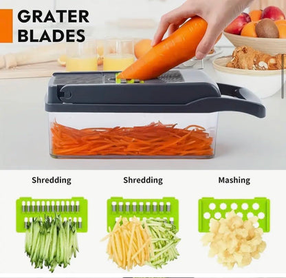 14 in 1 Vegetable Chopper Dicer with Container, Mandoline Slicer, Cheese Grater, Cabbage Shredder, French Fry Cutter, Stainless Steel Manual Hand Kitchen Gadget for Onion Potato Fruit