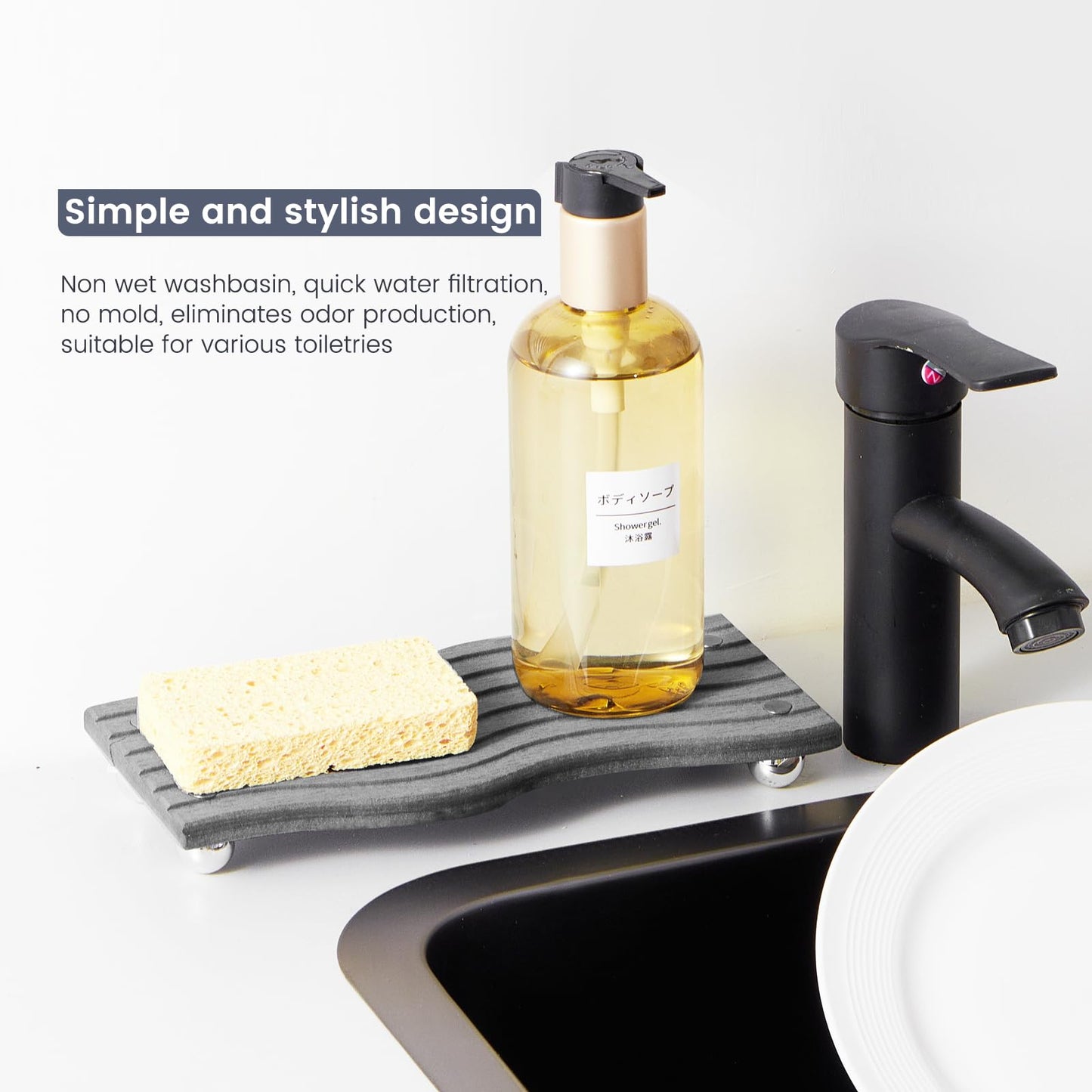 Water Absorbing Stone Tray for Sink,Quick Drying Diatomaceous Earth Coasters Sink Caddy Organizer,Soap Dish Holder & Toothbrush Holder for Bathroom Counter， Toiletries（Dark Grey, 8.67" L x 4.33" W）