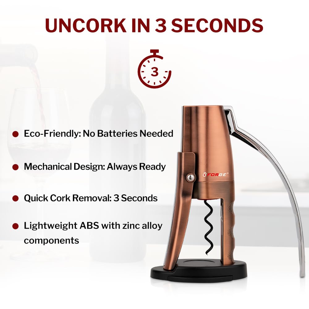 Forge Quality Compact Vertical Lever Corkscrew Wine Opener with Foil Cutter. 3 Seconds to Open a Bottle of Wine. Metallic Bronze
