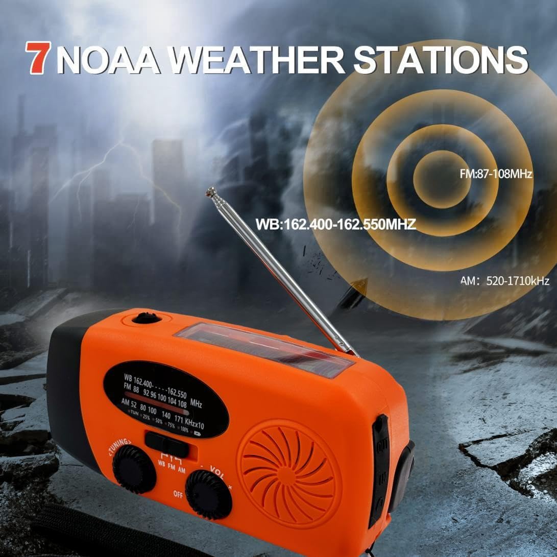 7400mWh Weather Emergency Radio, Portable Solar AM/FM/NOAA Hand Crank Radio, Cell Phone Charger with SOS, 1W LED Flashlight, Headphone Jack, Power for Emergency Preparedness (2000mAh Orange)