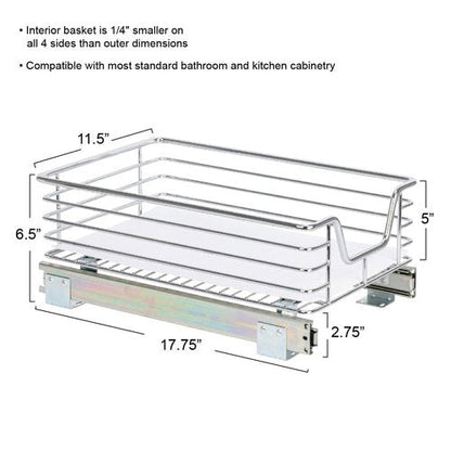 Household Essentials Glidez Multipurpose Chrome-Plated Steel Pull-Out/Slide-Out Storage Organizer with Plastic Liner for Under Cabinet Use - 1-Tier Design - Fits Standard Size Cabinet or Shelf, Chrome