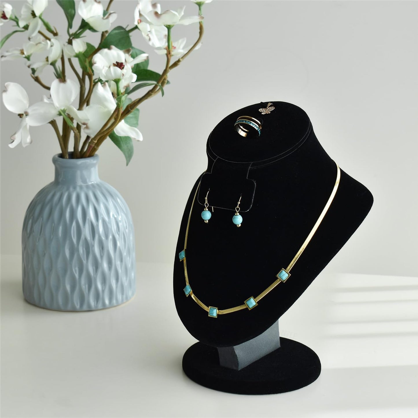 MOOCA Jewelry Display, Black Velvet Stand, Necklace Mannequin, Adjustable Hook, Wood Base, Fits Choker Necklaces, Jewelry Storage