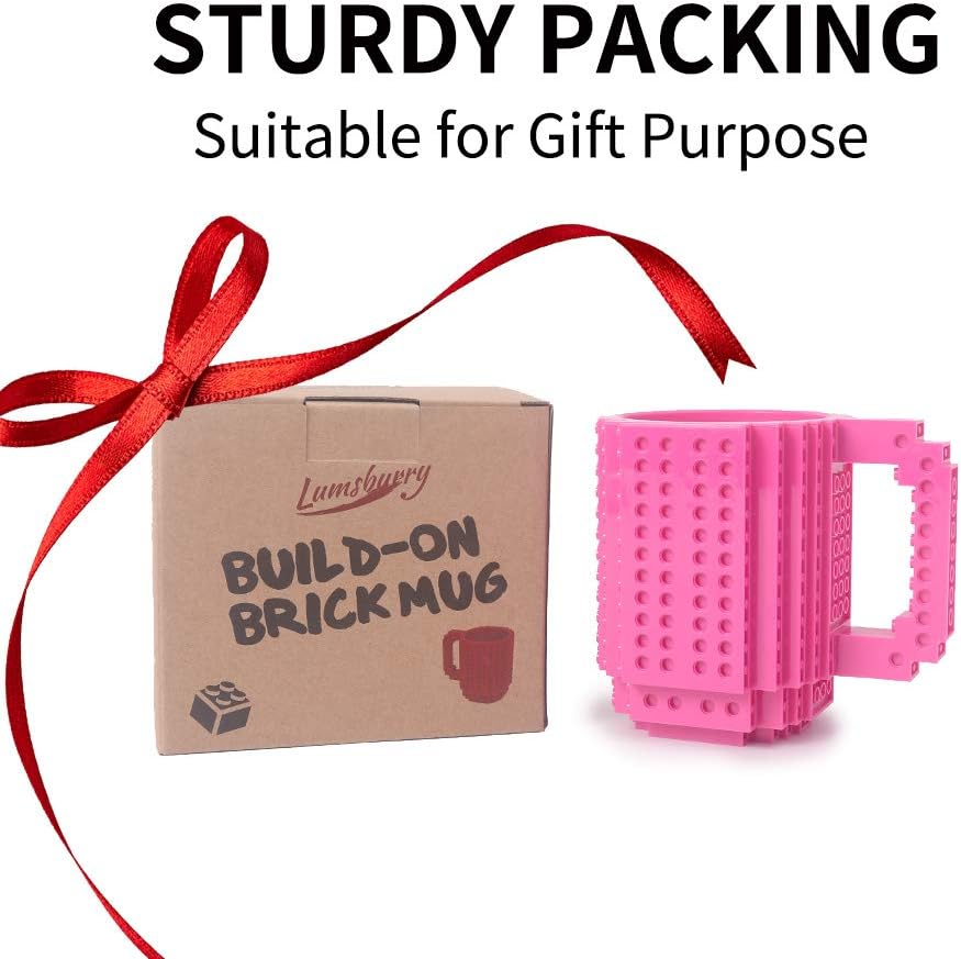 Build-on Brick Coffee Mug, Funny DIY Novelty Cup with Building Blocks for Kids, Men, Women, Xmas Birthday (Rose)